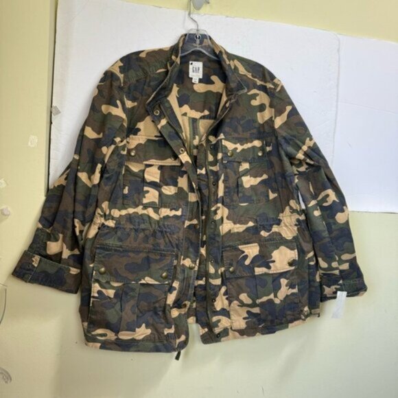 GAP NEW Utility Cotton Military Camo Jacket Pockets Zip Drawcord Lightweight XL - Picture 3 of 16